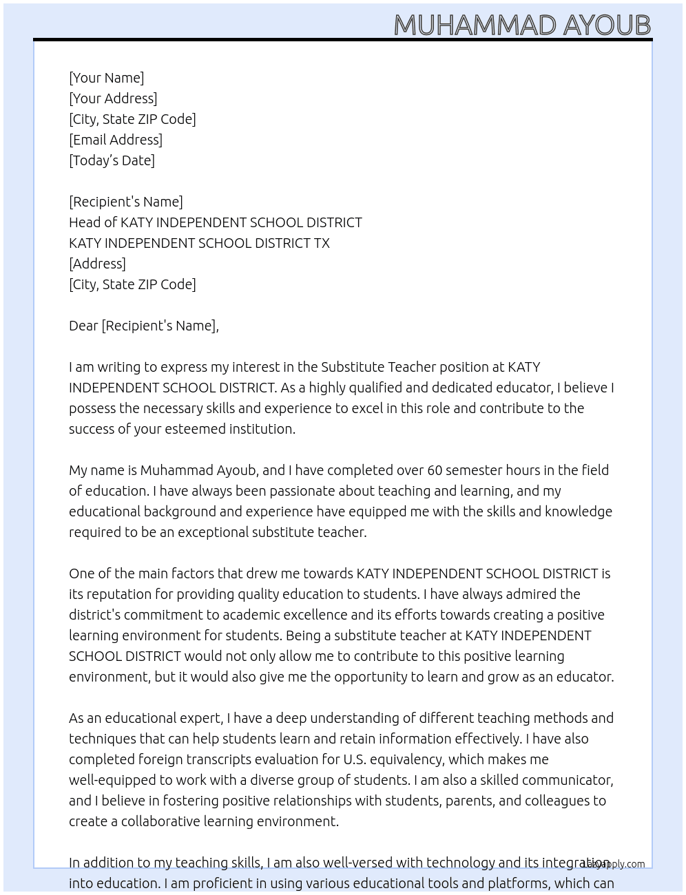 Subtitute Teacher  At KATY INDEPENDENT SCHOOL DISTRICT TX Cover Letter