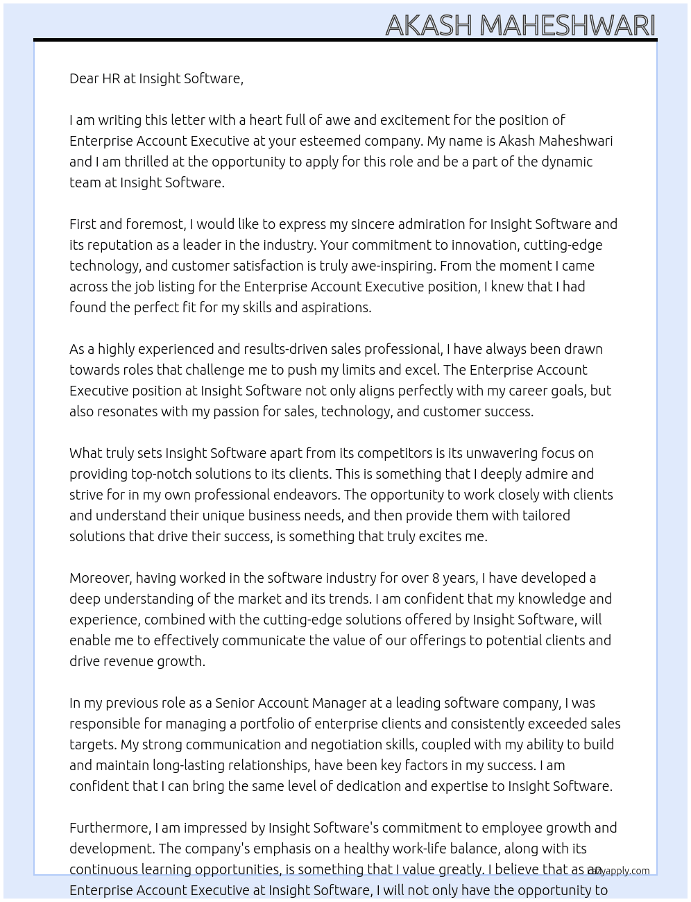 Enterprise Account Executive At Insight Software Cover Letter