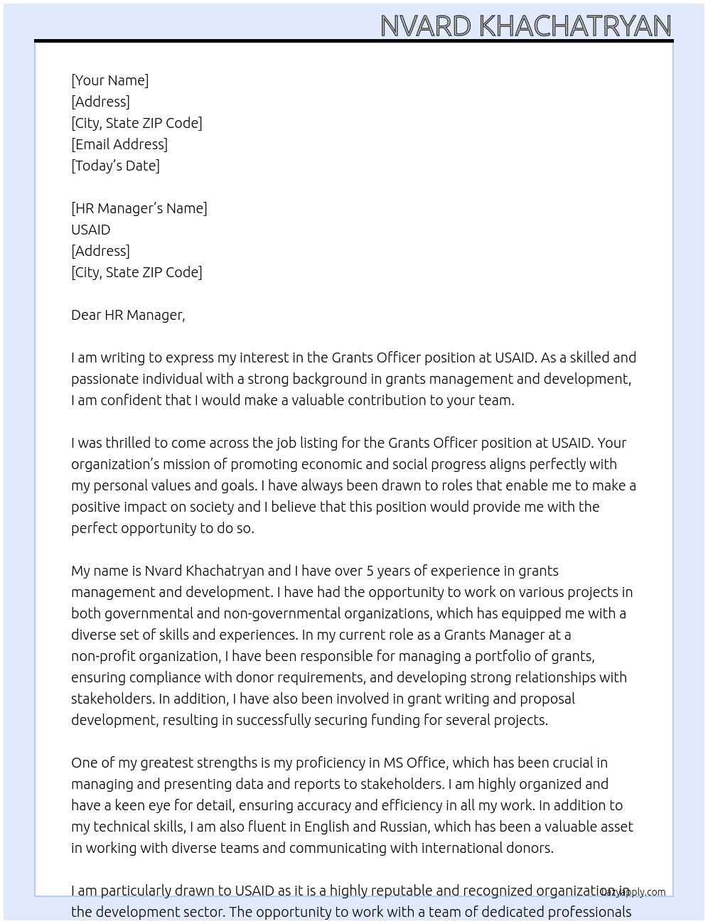 Grants officer At USAID Cover Letter
