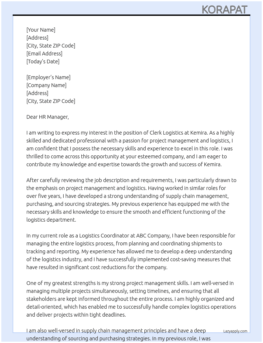 Clerk logistics At Kemira  Cover Letter