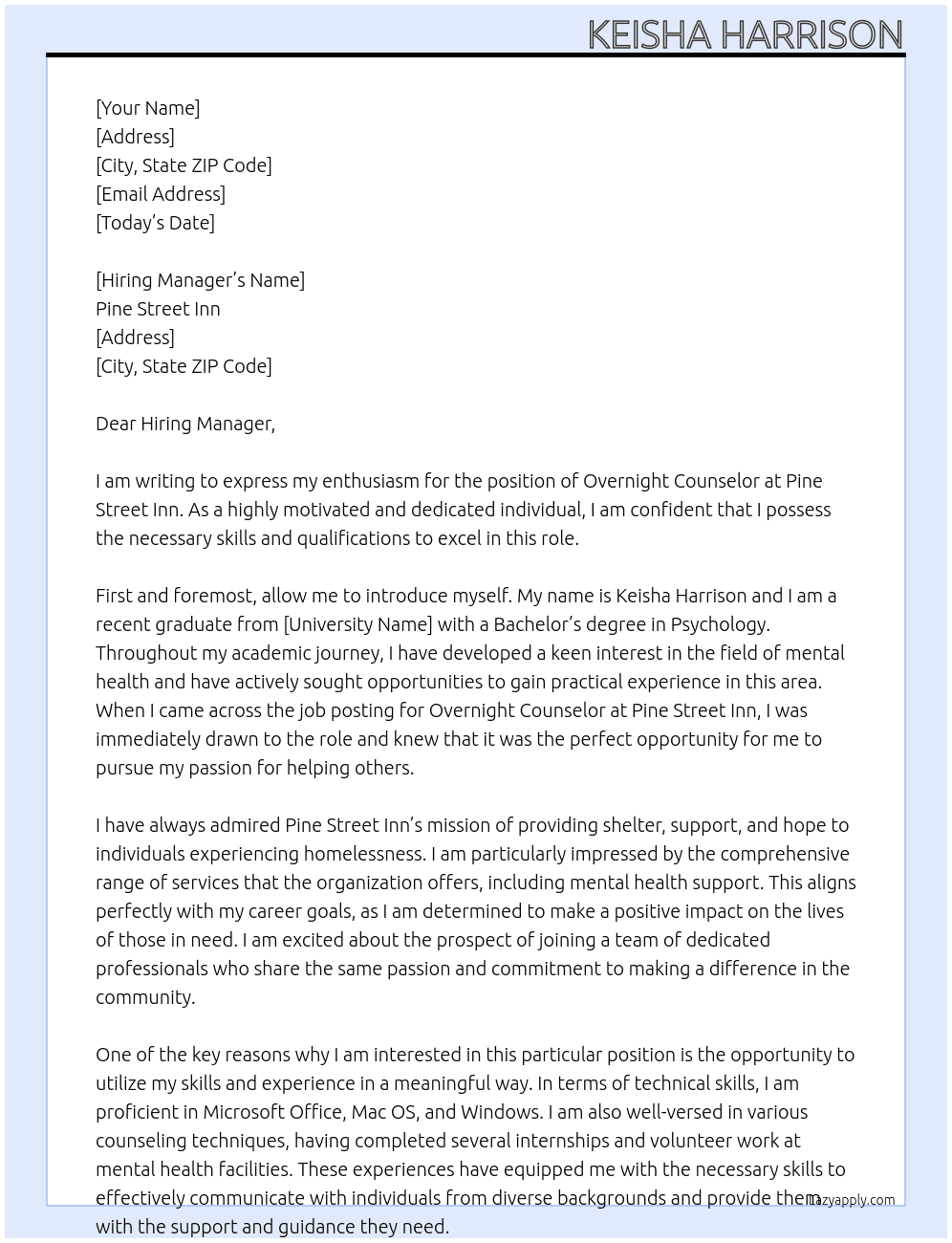 Overnight counselor At Pine Street Inn Cover Letter