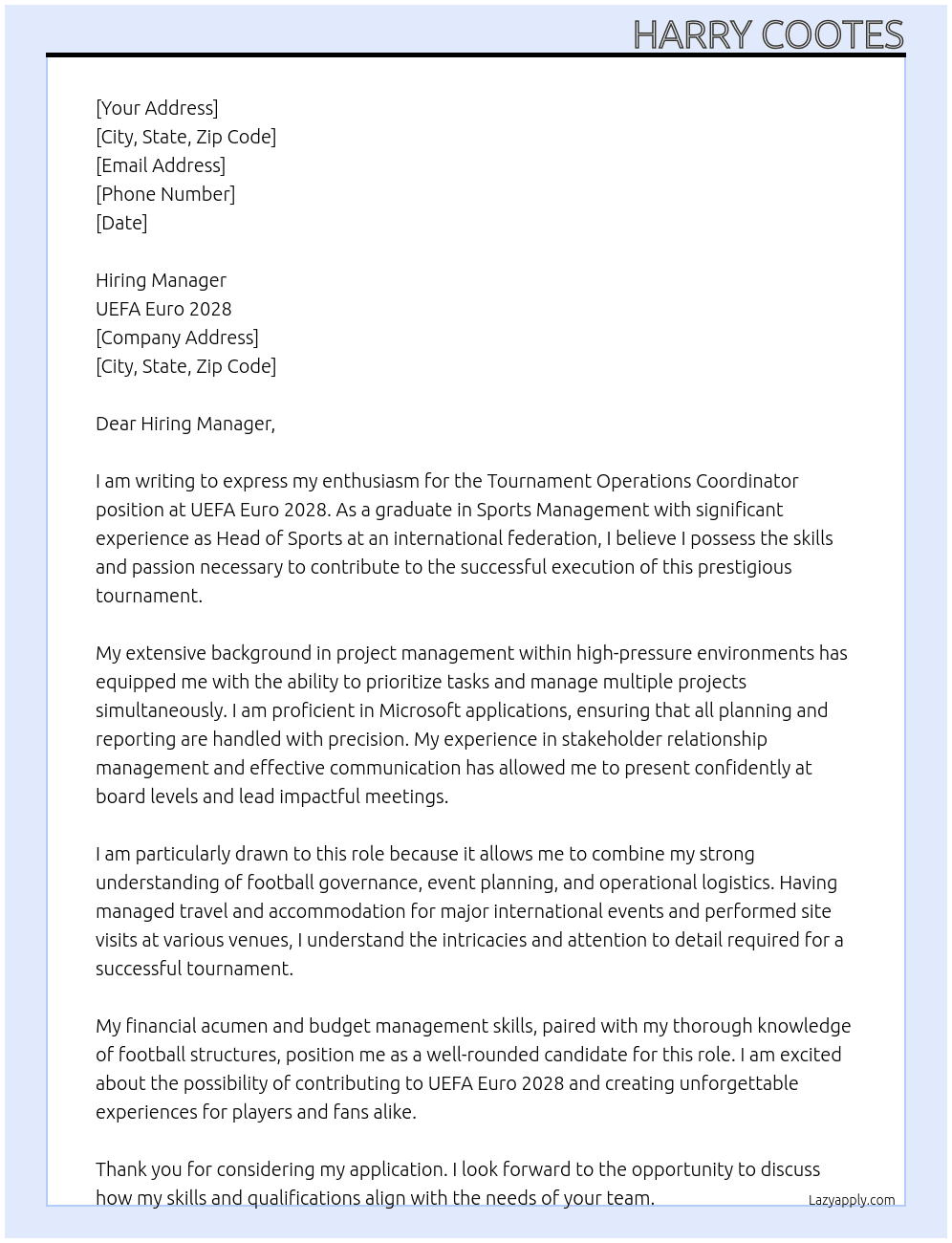 Tournament Operations Coordinator At Uefa Euro 2028 Cover Letter