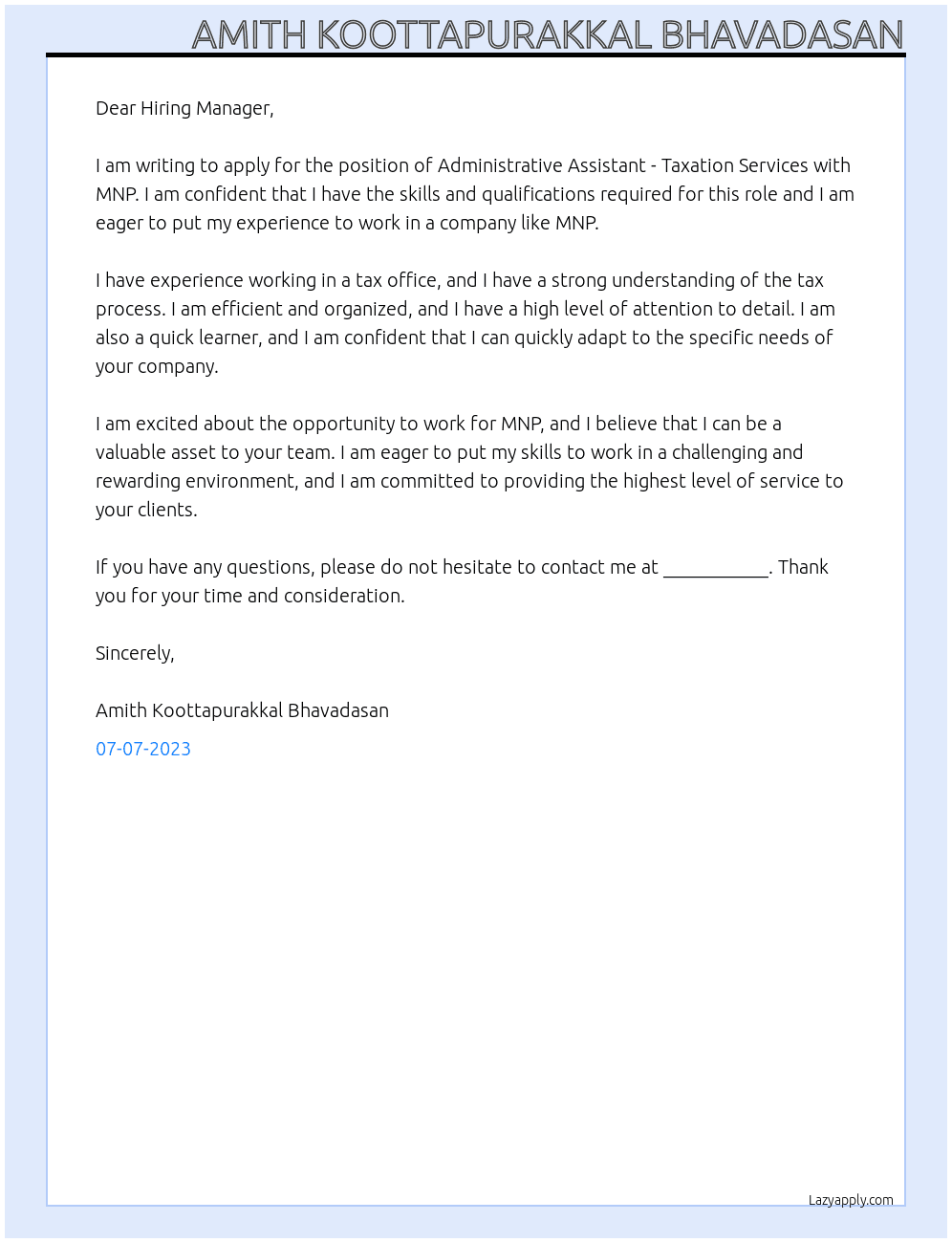 Administrative Assistant - Taxation Services At MNP Cover Letter