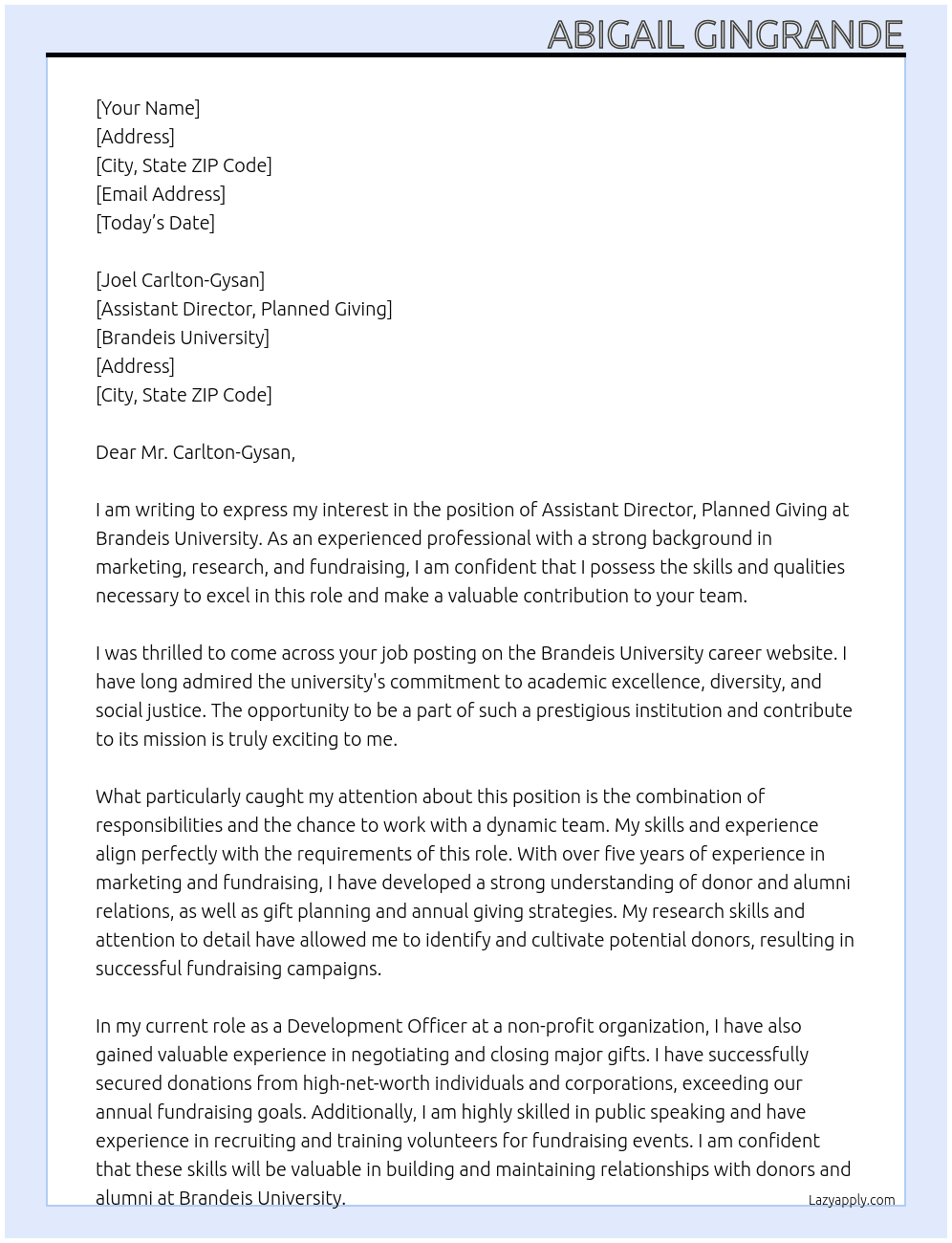 Assistant Director, Planned Giving At Brandeis University Cover Letter