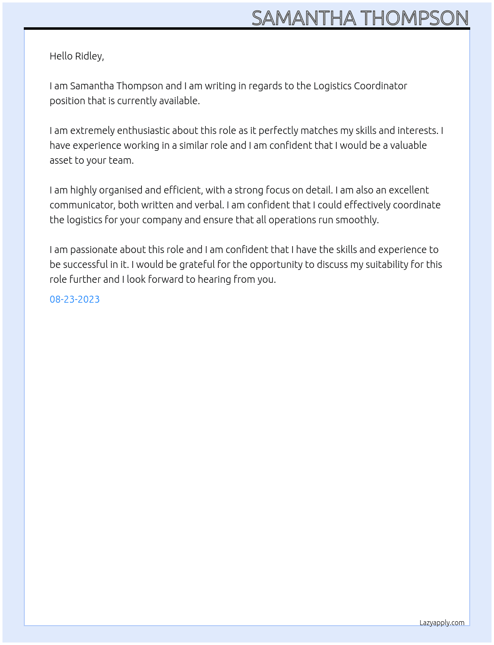Logistics Coordinator At Ridley Cover Letter