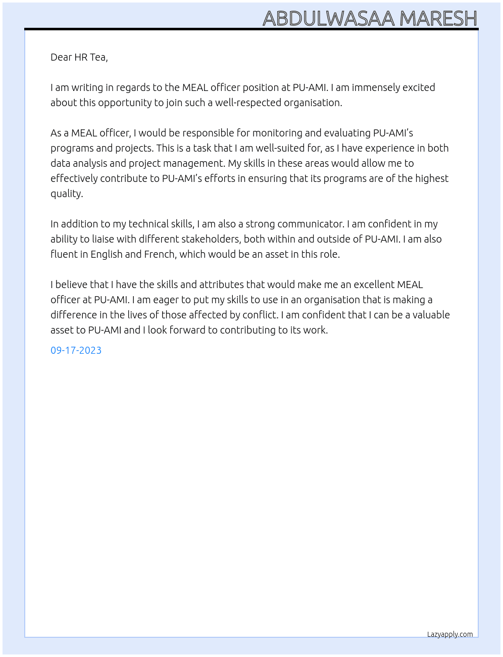 MEAL officer At PU-AMI Cover Letter