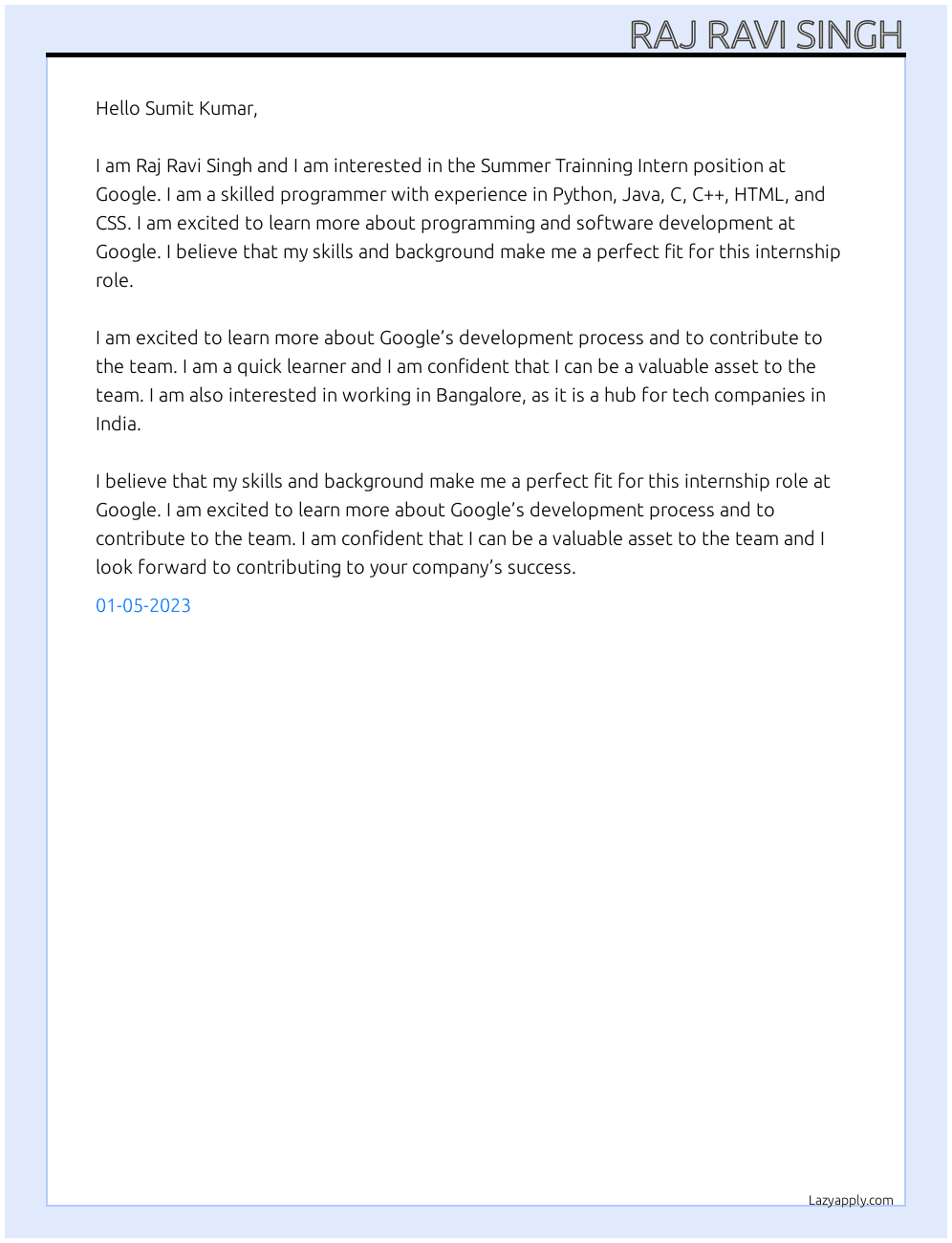 Cover letter for summer trainning intern - LazyApply