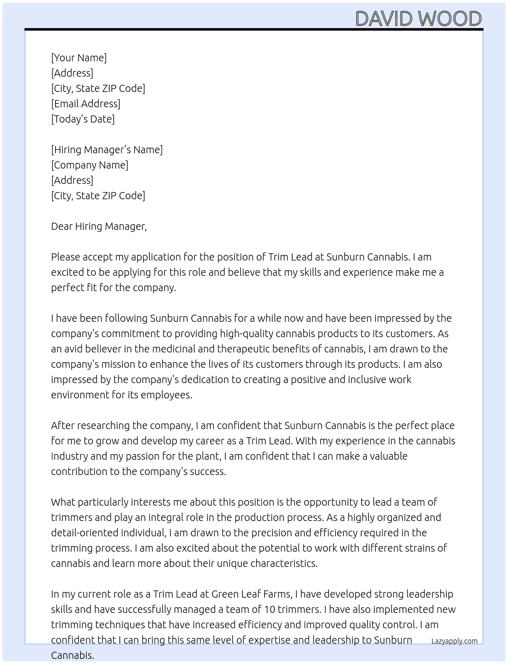 Trim Lead At Sunburn Cannabis Cover Letter