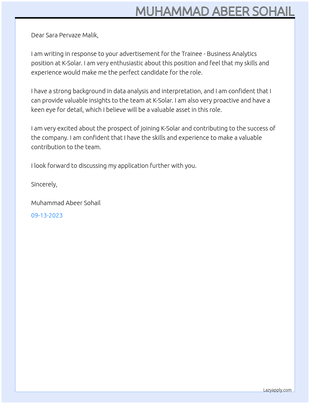 Trainee - Business Analytics At K-Solar Cover Letter