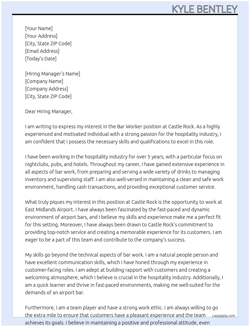 Bar Worker At Castle Rock Cover Letter
