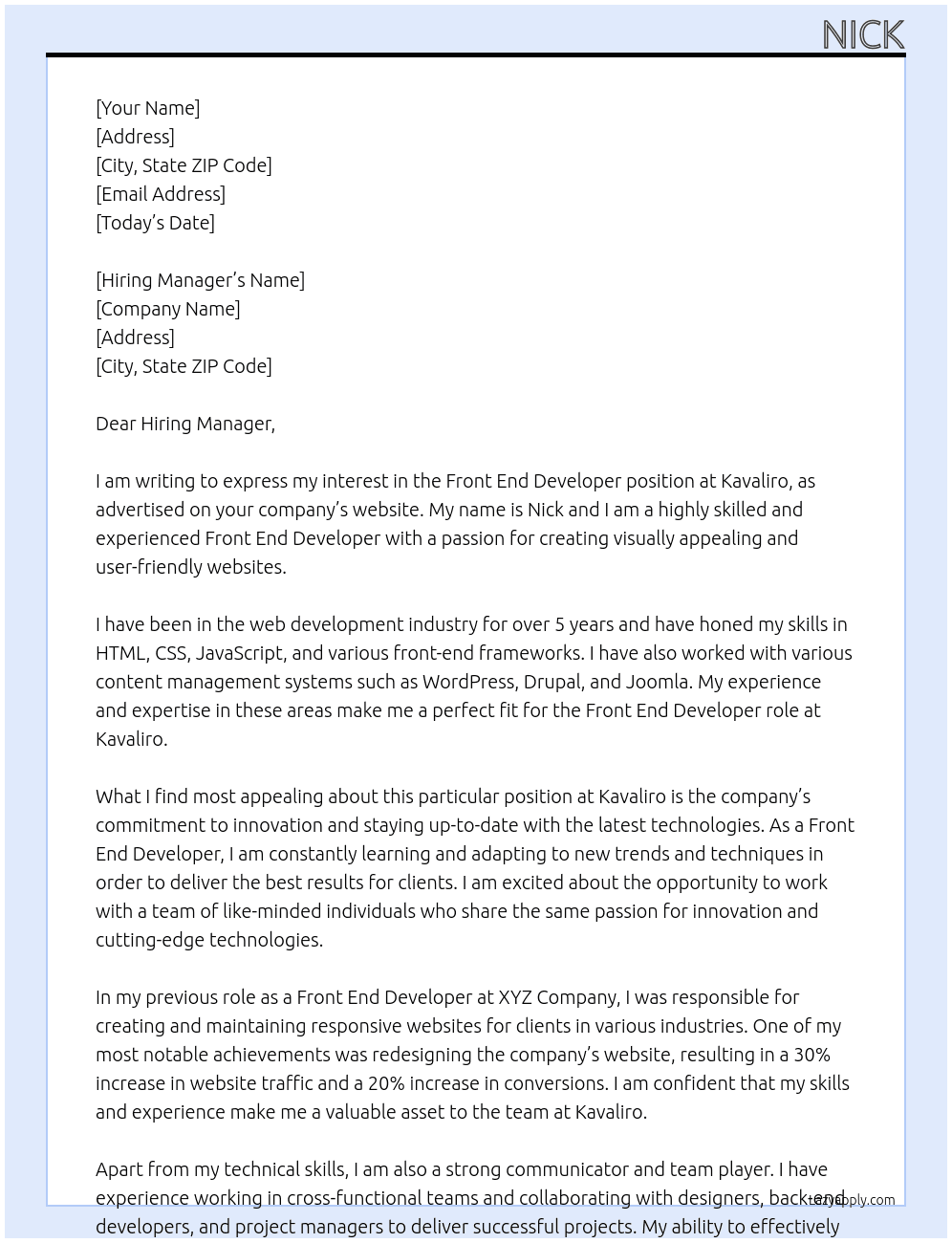Front End Developer At Kavaliro Cover Letter