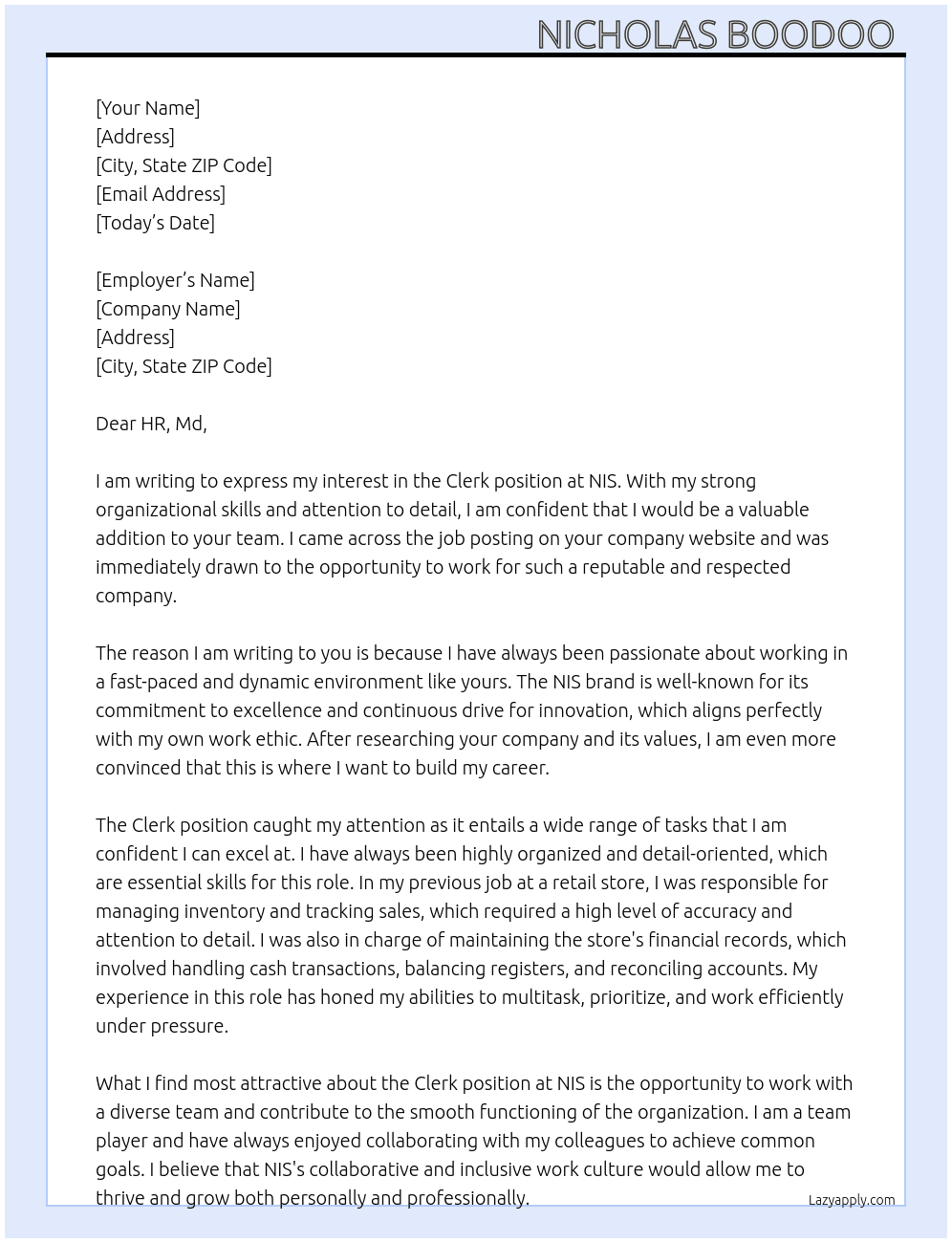 Clerk At NIS Cover Letter