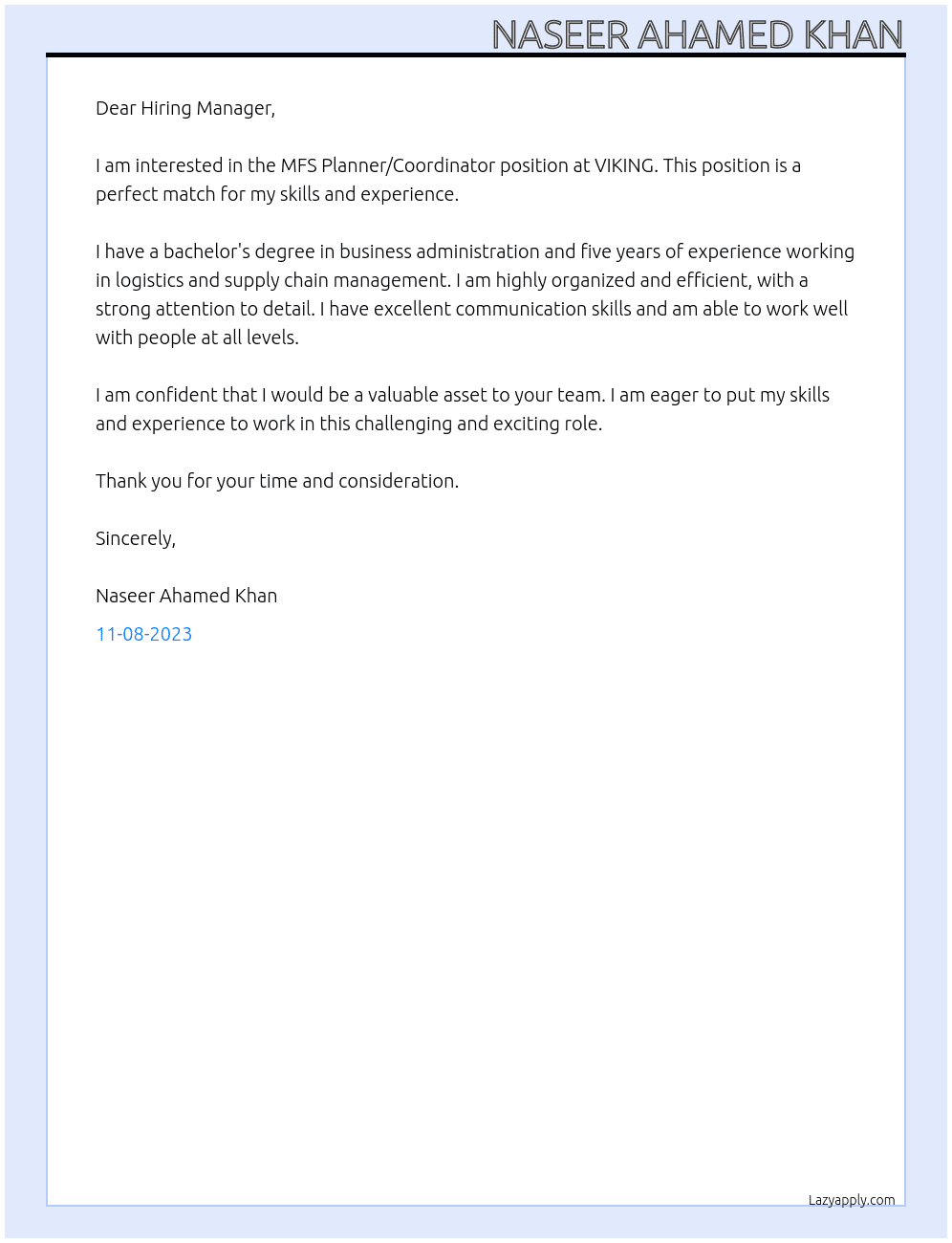  MFS Planner/Coordinator At VIKING Cover Letter
