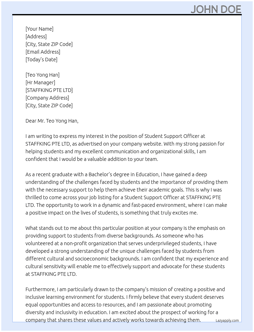 Student Support Officer [5-day] At STAFFKING PTE LTD Cover Letter
