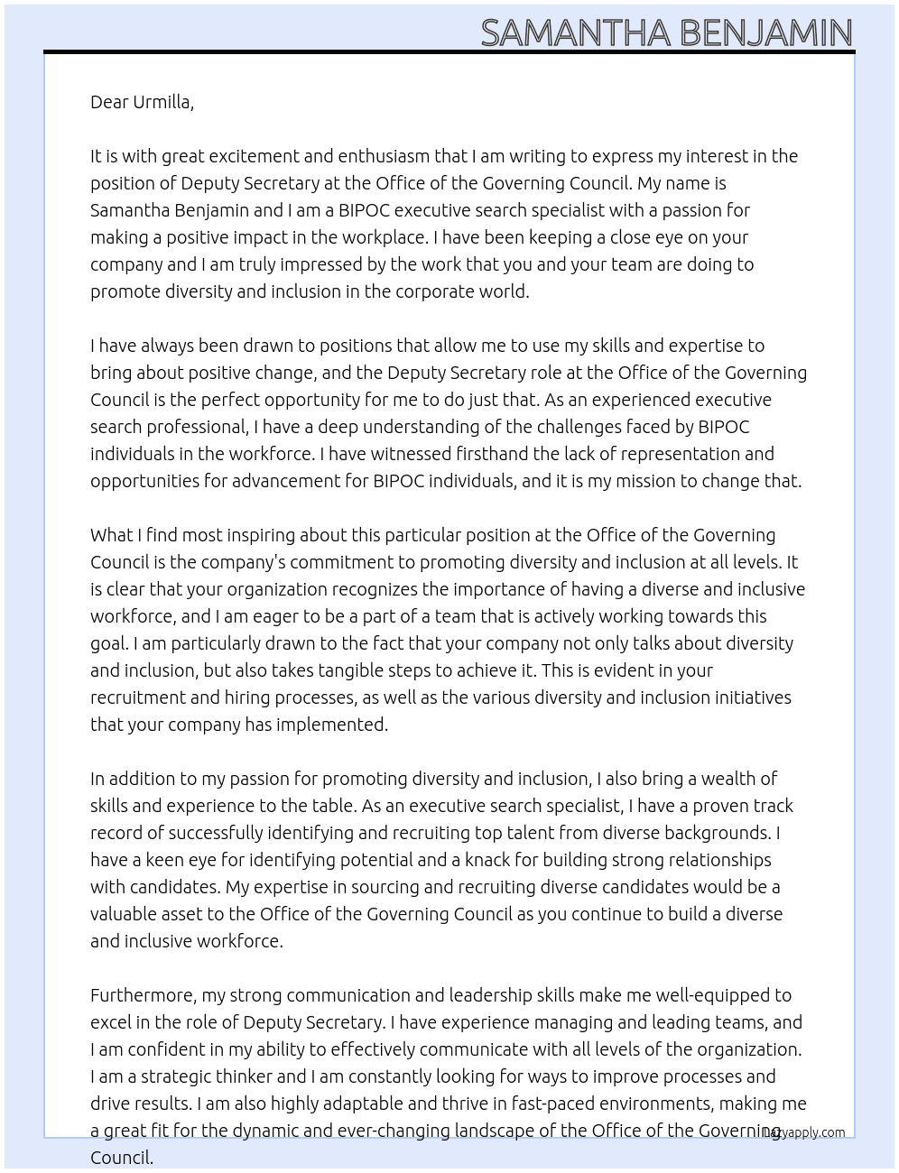 deputy secretary At office of the governing council Cover Letter
