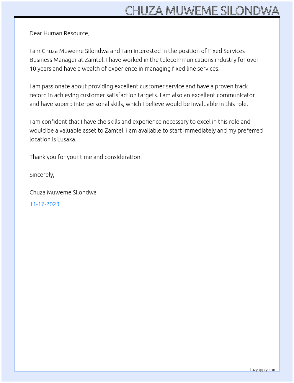 Fixed Services Business Manager At Zamtel Cover Letter