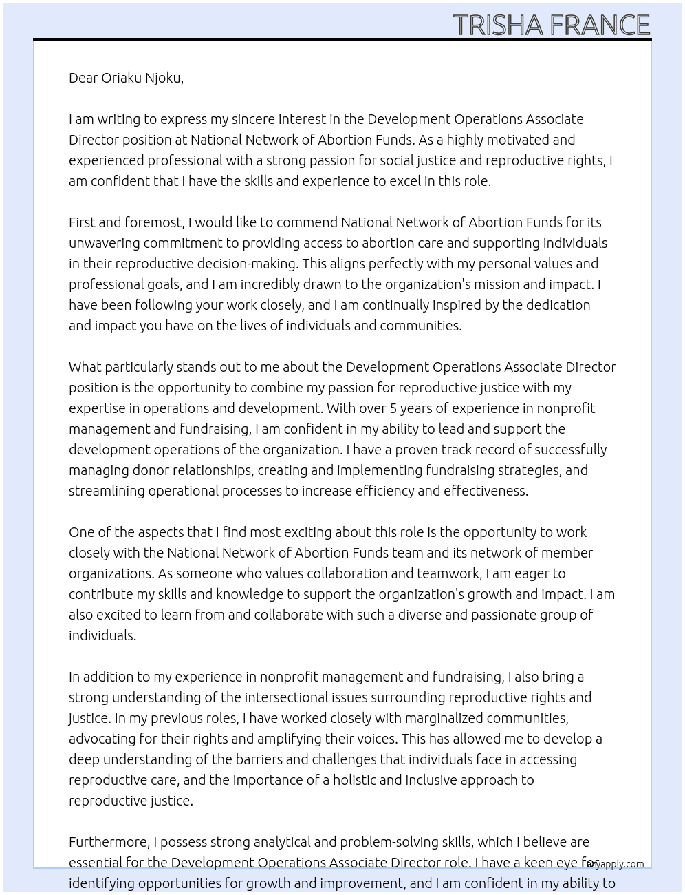 Development Operations Associate Director At National Network of Abortion Funds Cover Letter