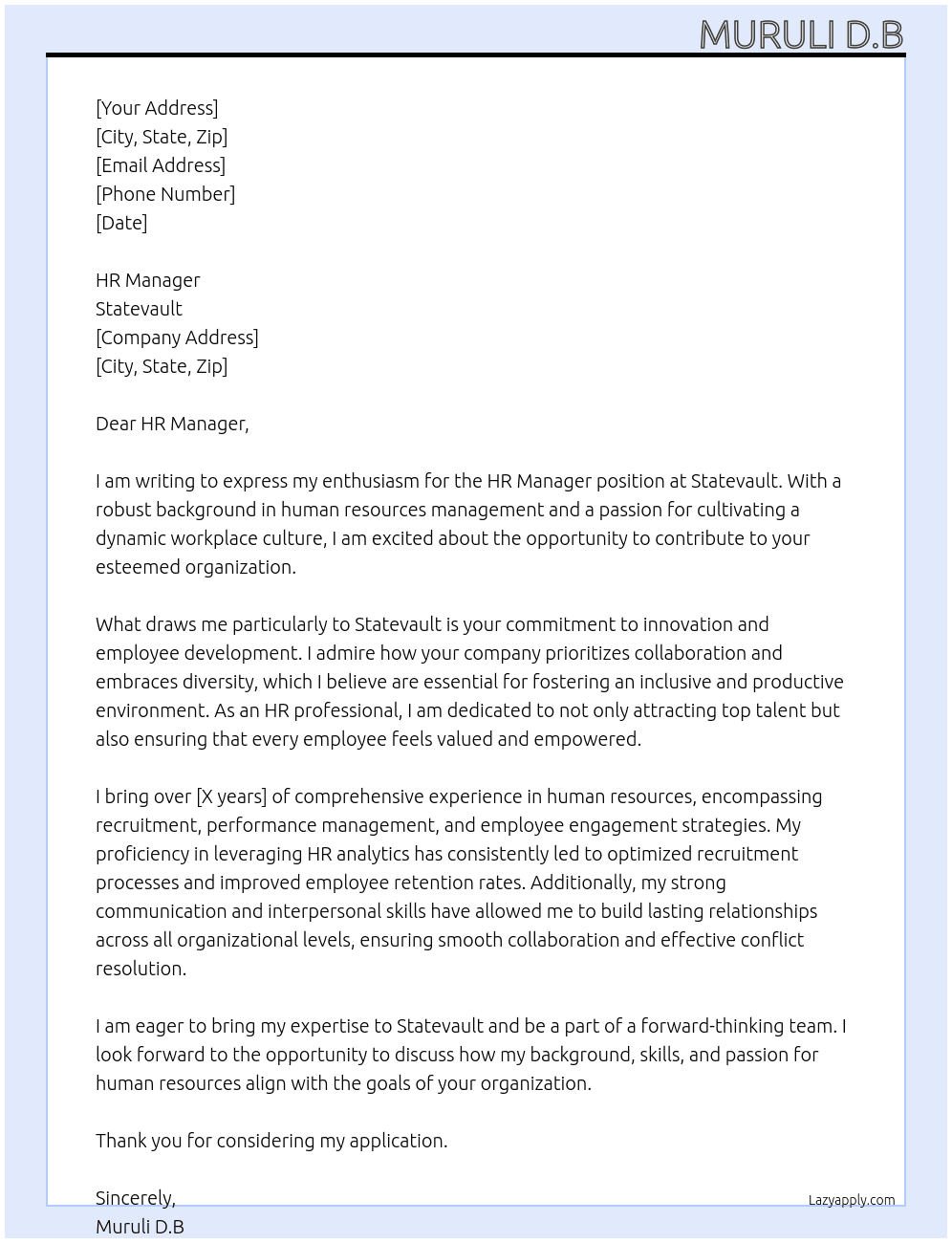 HR manager  At Statevault Cover Letter