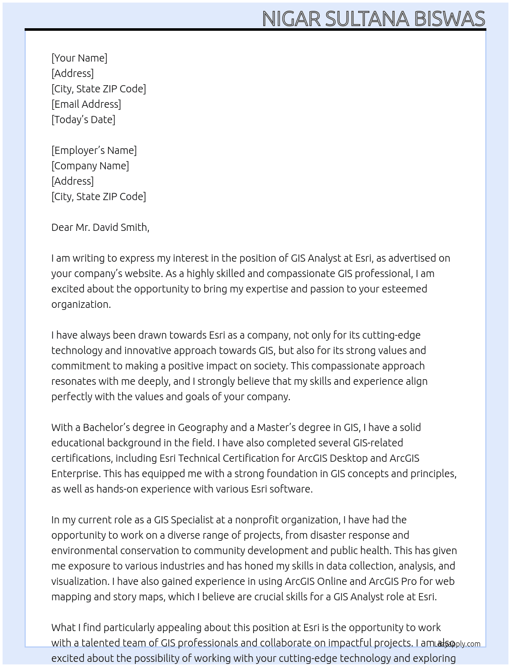 Gis analyst  At Esri Cover Letter