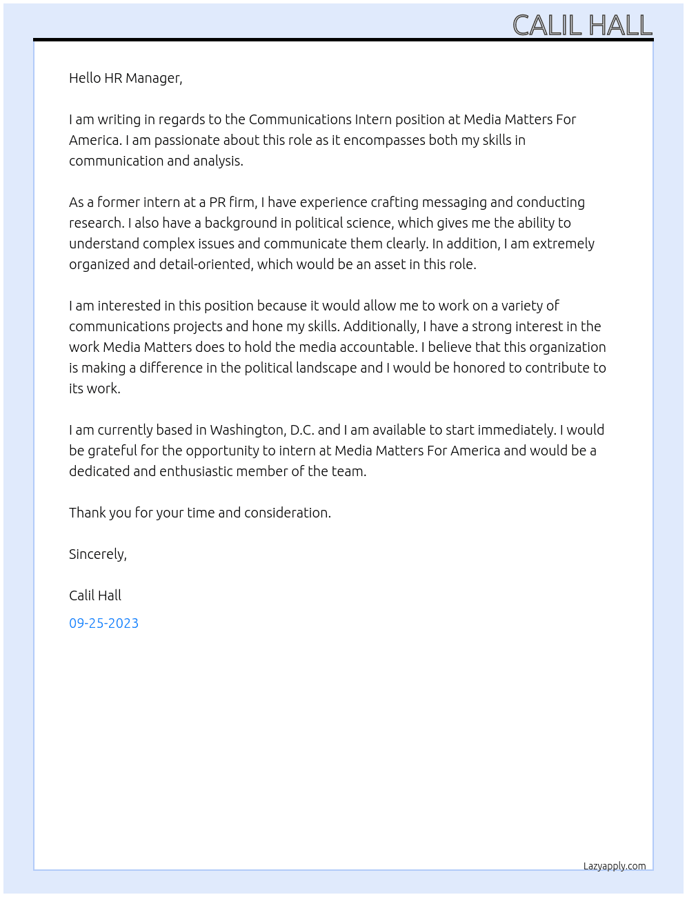 Communications Intern At Media Matters For America Cover Letter