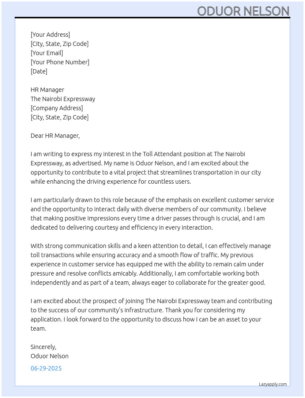 toll attendant At The nairobi expressway Cover Letter