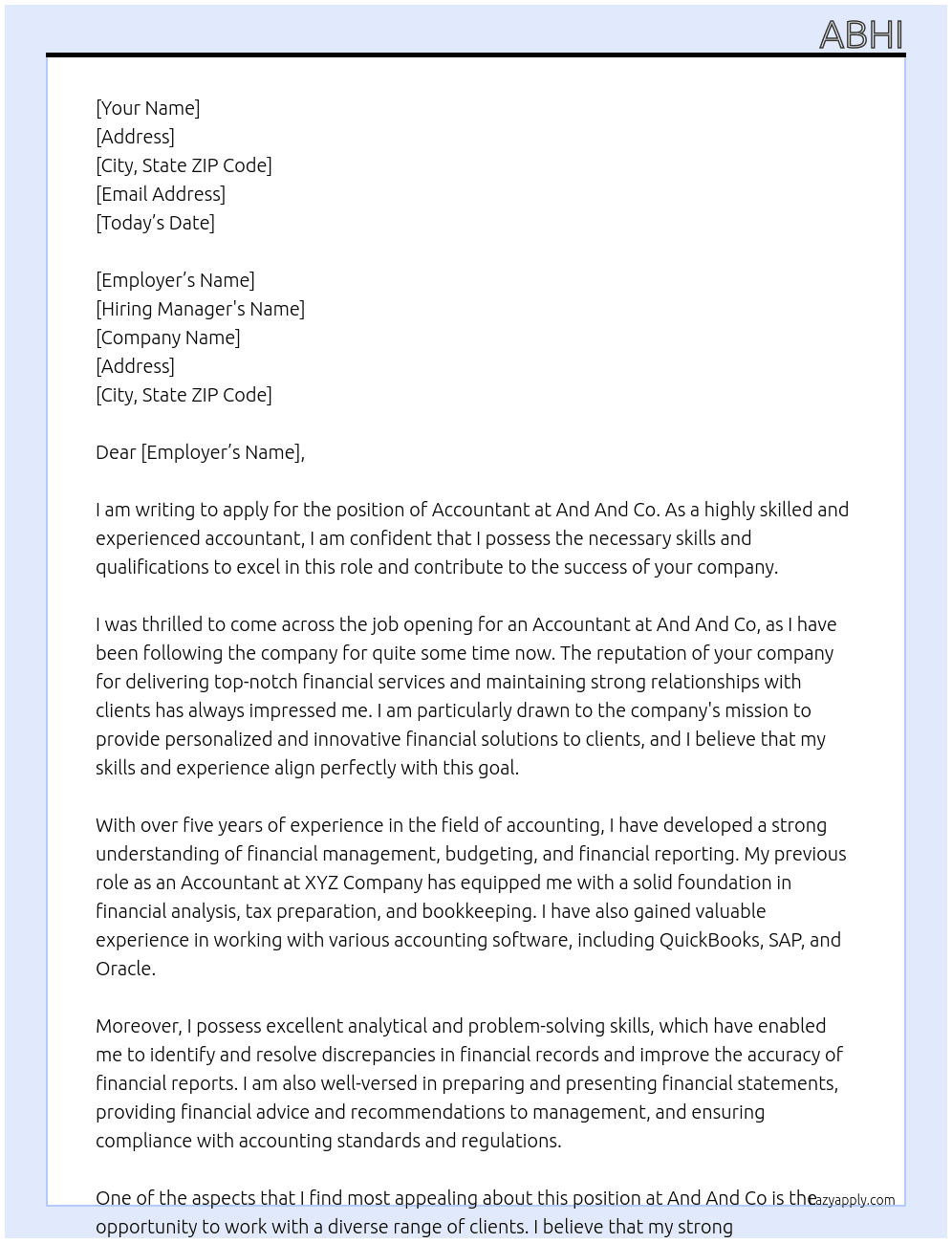 ACCOUNTANT  At AND AND CO Cover Letter