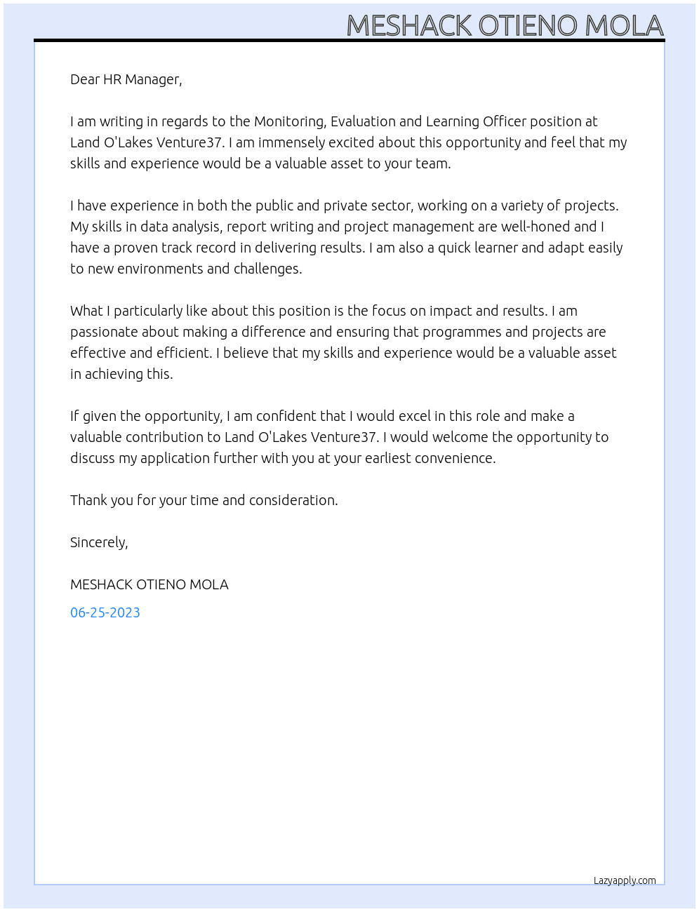 Monitoring, Evaluation and Learning Officer At Land O'Lakes Venture37 Cover Letter