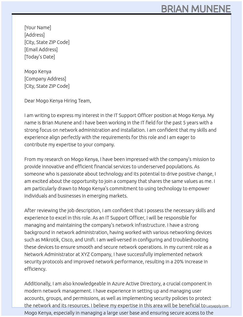 IT Support Officer At Mogo Kenya Cover Letter