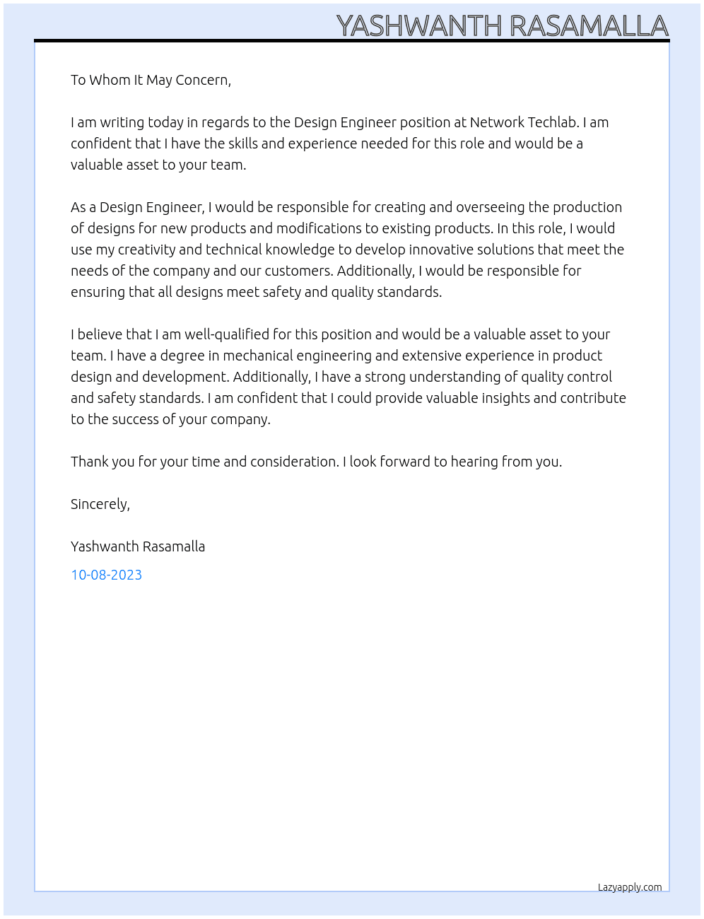Design Engineer At Network Techlab Cover Letter