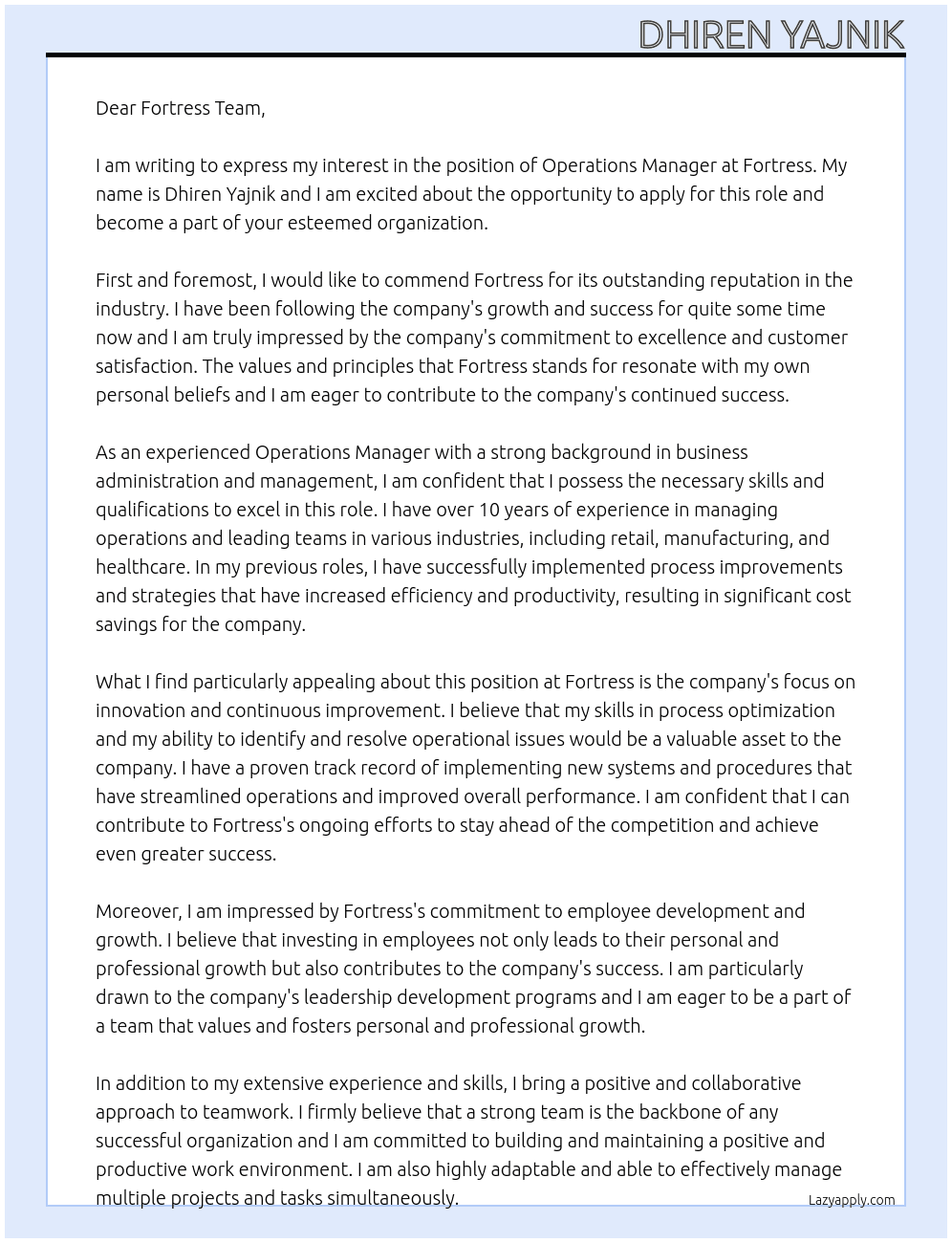 Operations Manager At Fortress Cover Letter