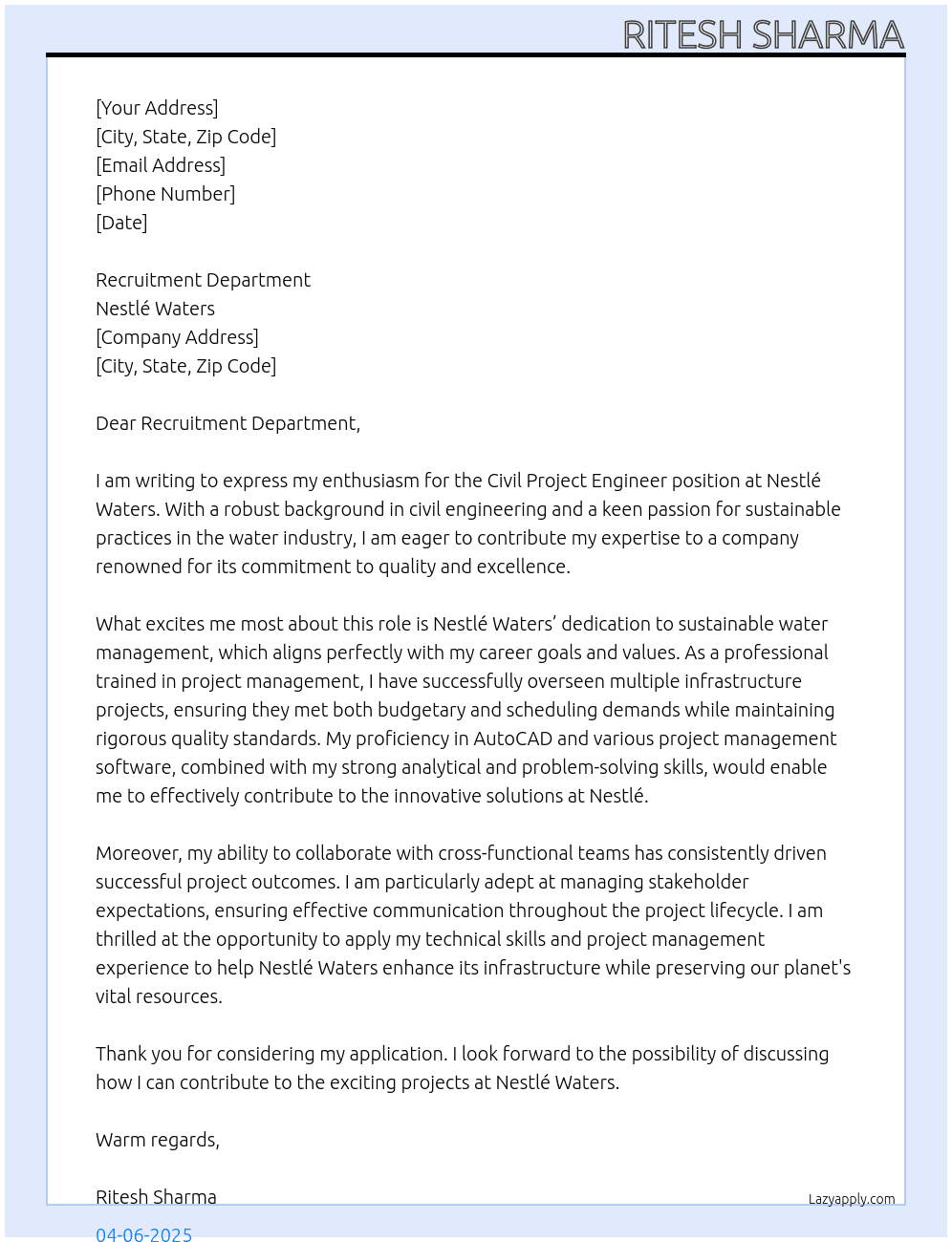 Civil Project engineer At Nestlé Waters Cover Letter