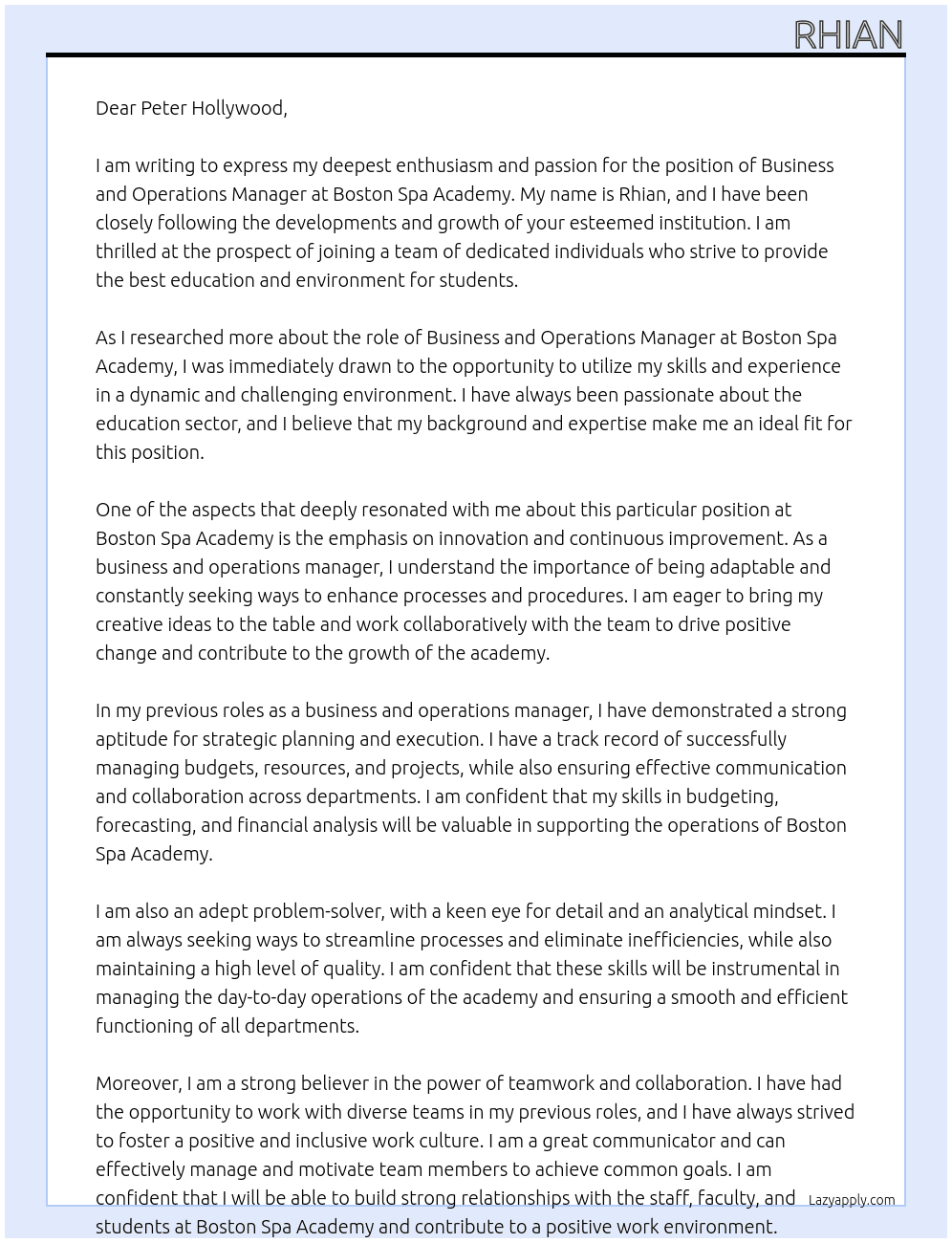 Business and Operations Manager At Boston Spa Academy Cover Letter