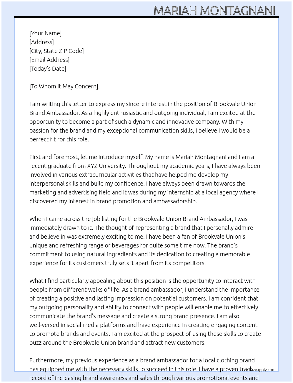 ofile Saved Searches Jobs Watchlist Application for Brookvale Union Brand Ambassador At Brookvale Union Cover Letter