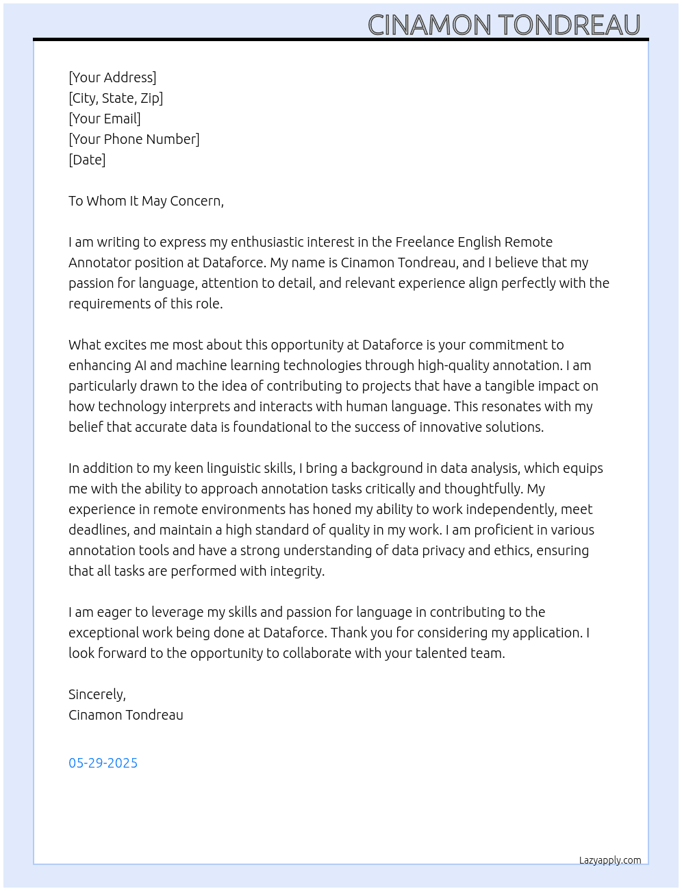 Freelance English Remote Annotator - United States At Dataforce Cover Letter