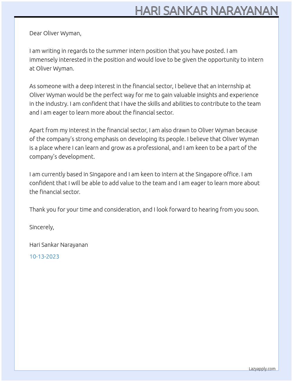Summer Intern At Oliver Wyman Cover Letter