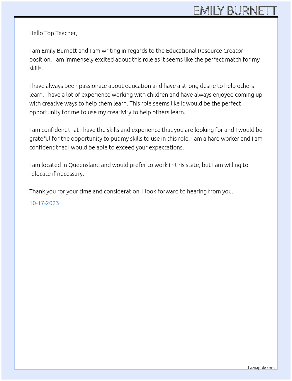 Educational Resource Creator At Top Teacher Cover Letter