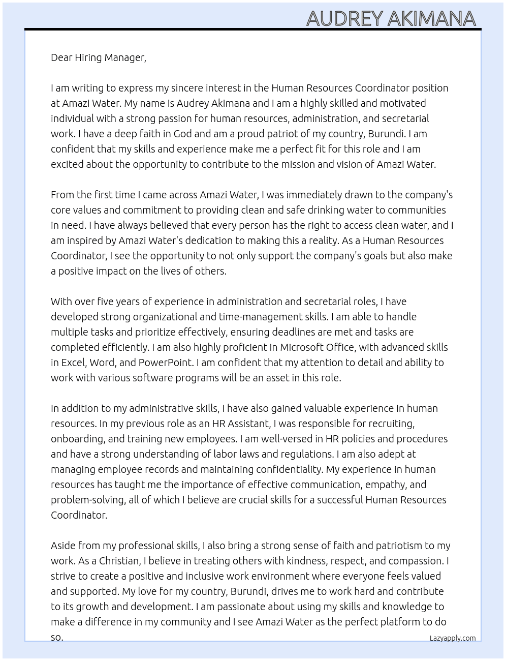 Human resources coordinator  At Amazi Water  Cover Letter