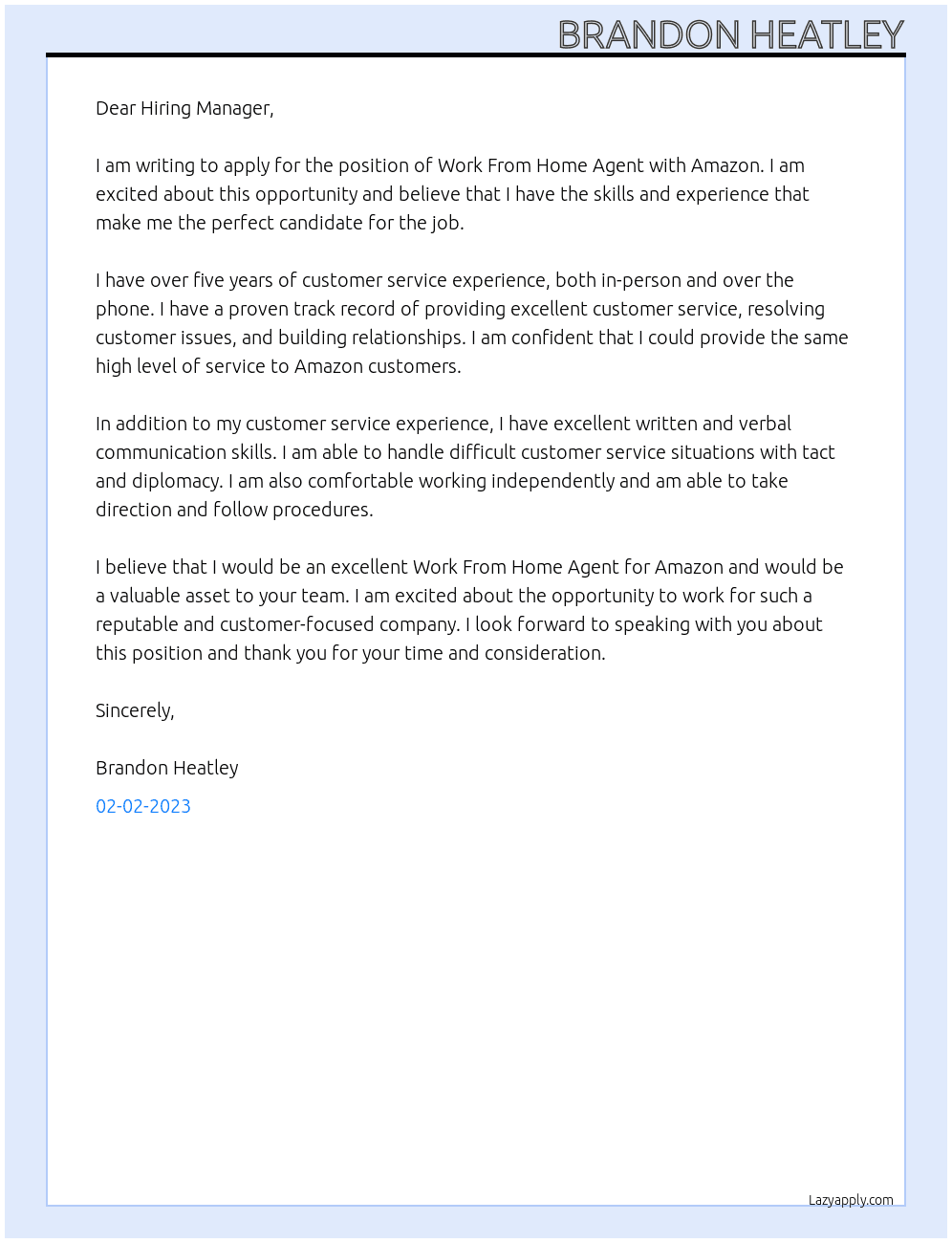 Cover letter for work from home agent - LazyApply