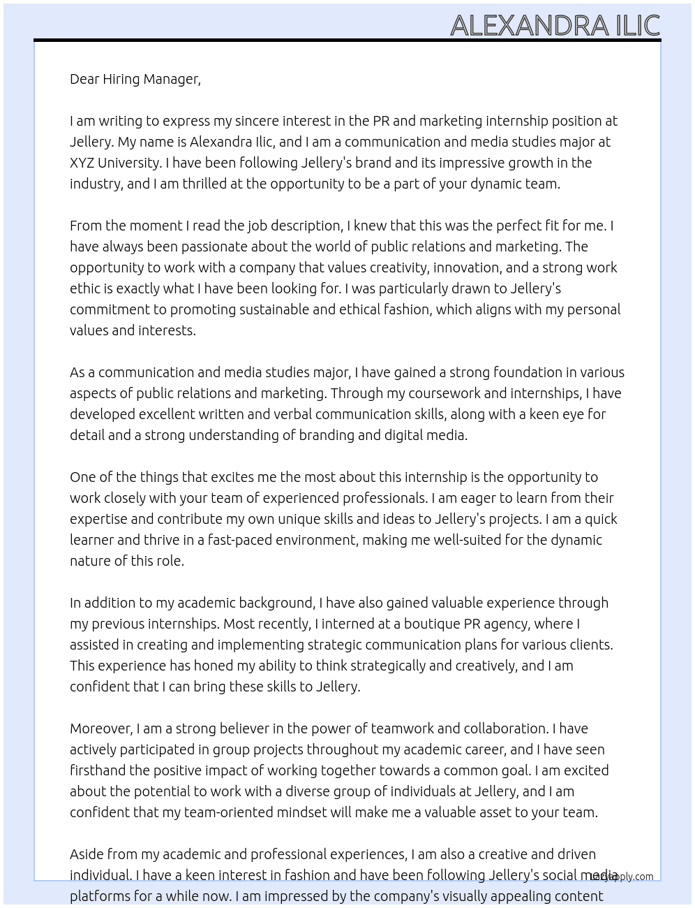 PR and marketing internship  At Jellery Cover Letter