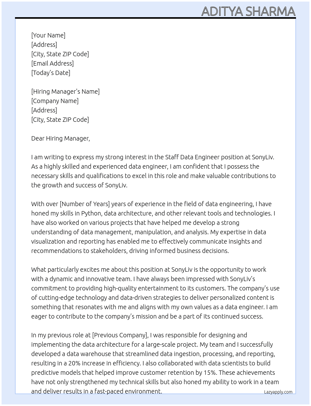 Staff Data Engineer At SonyLiv Cover Letter