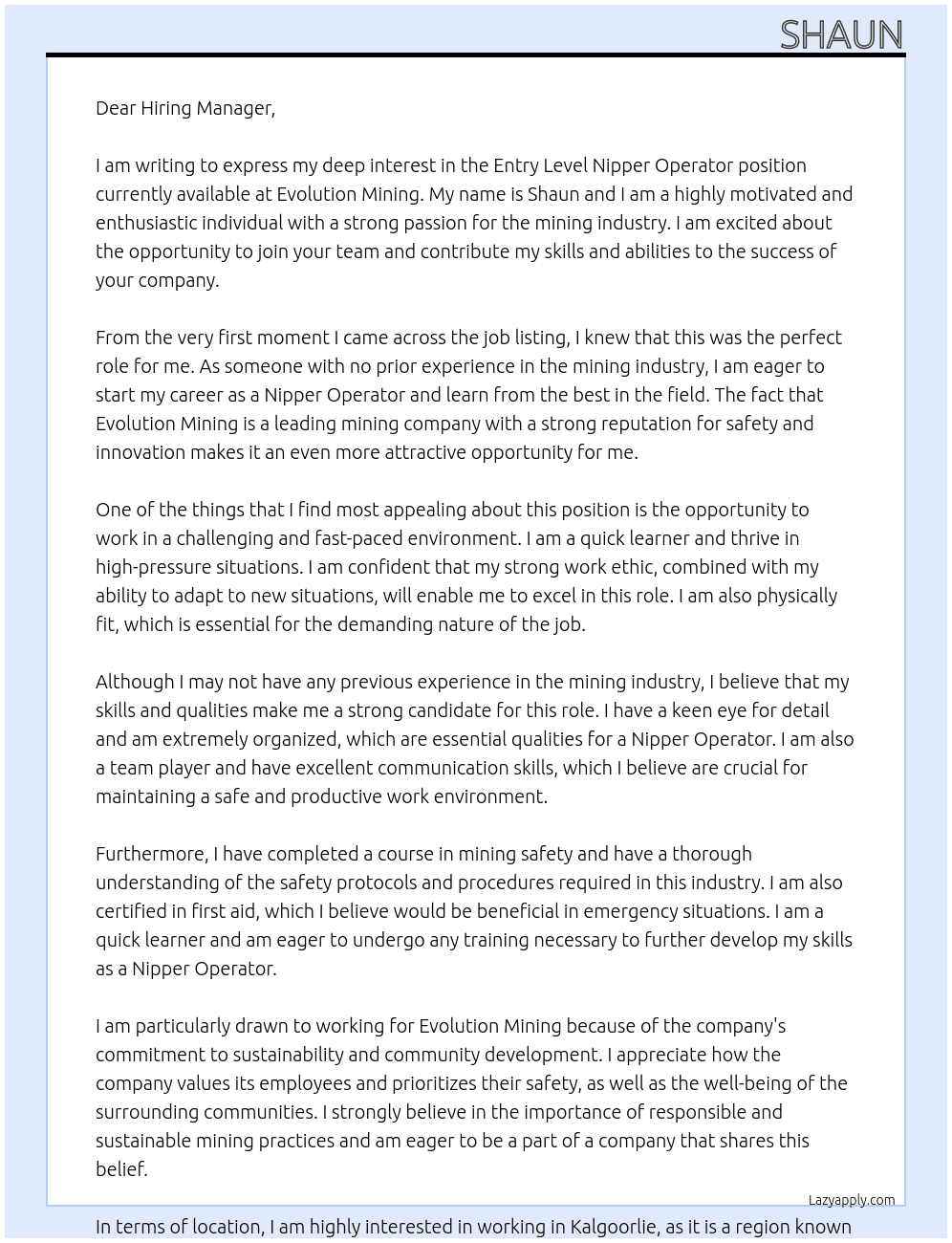 Entry Level Nipper Operator At Evolution Mining Cover Letter