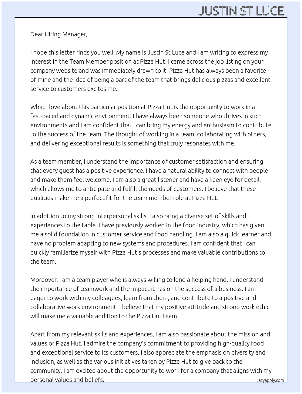 Team member  At Pizza Hut  Cover Letter