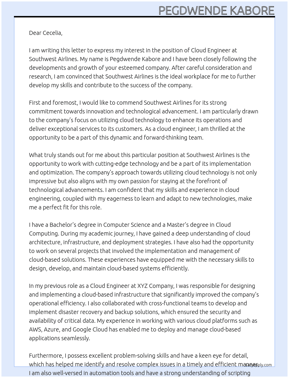 cloud engineer At Southwest airline Cover Letter