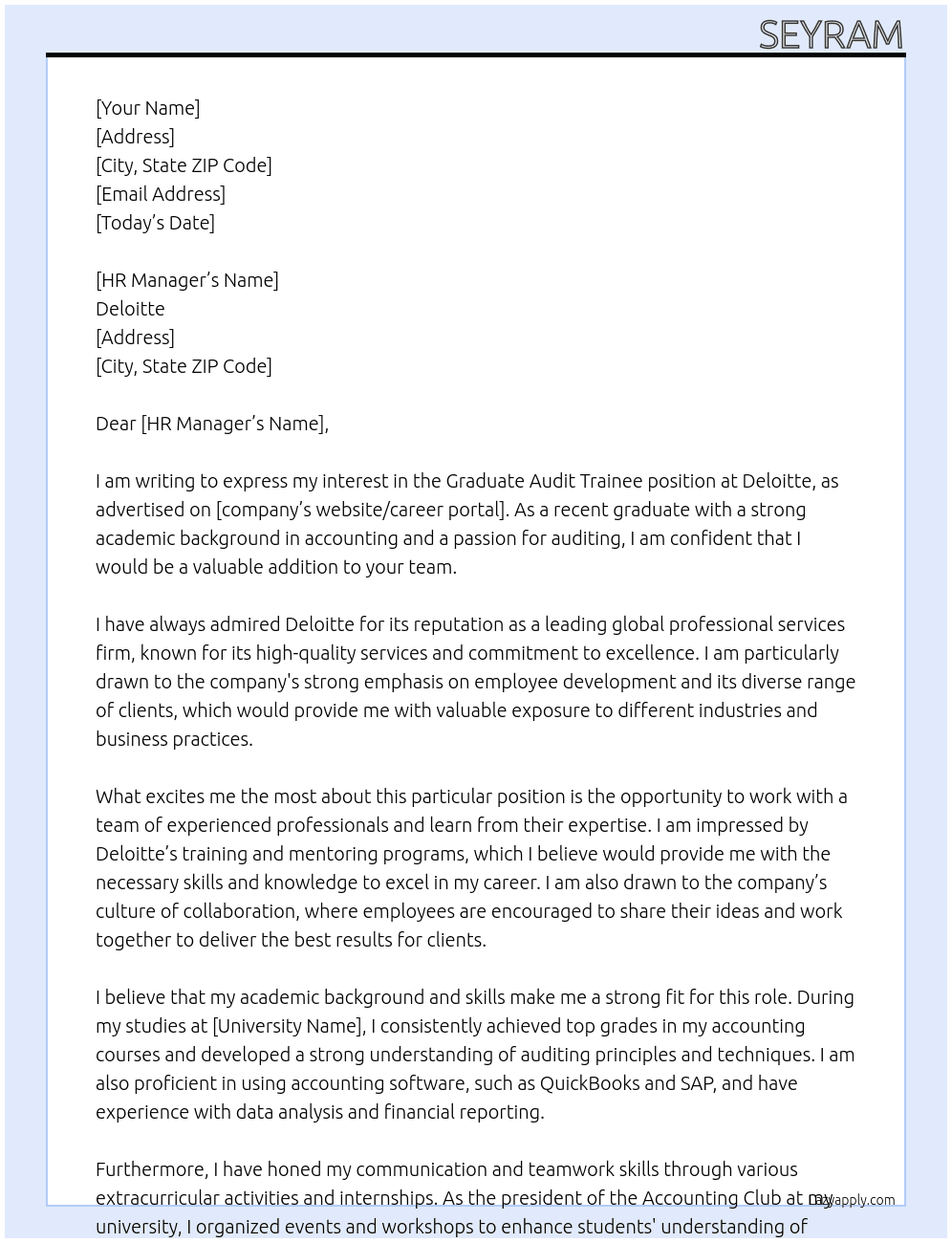 Graduate Audit trainee At Deliotte  Cover Letter