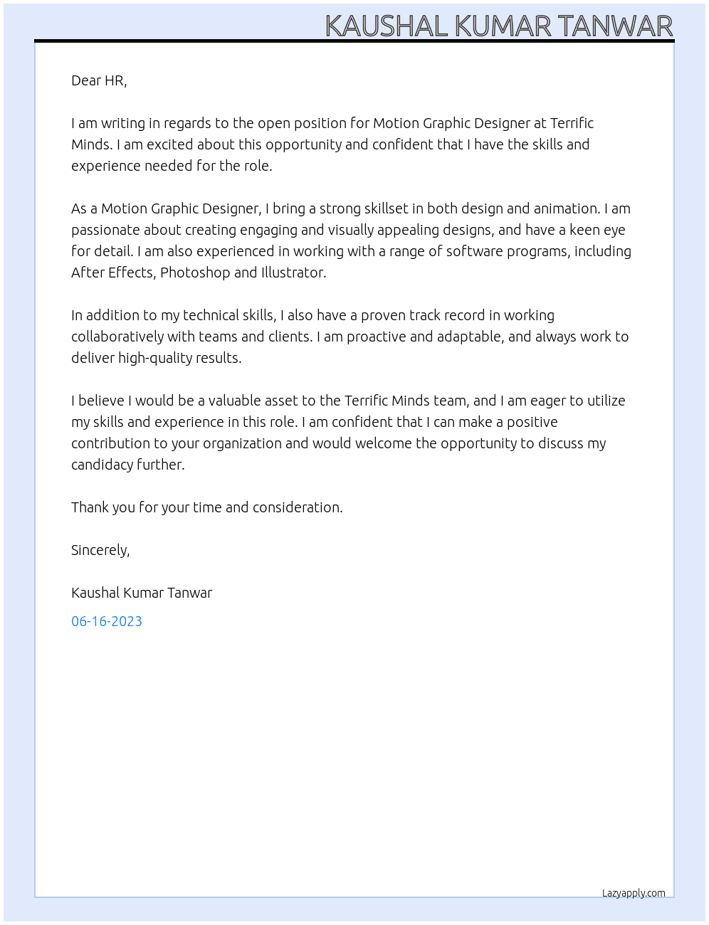 Motion Graphic Designer At Terrific Minds Cover Letter