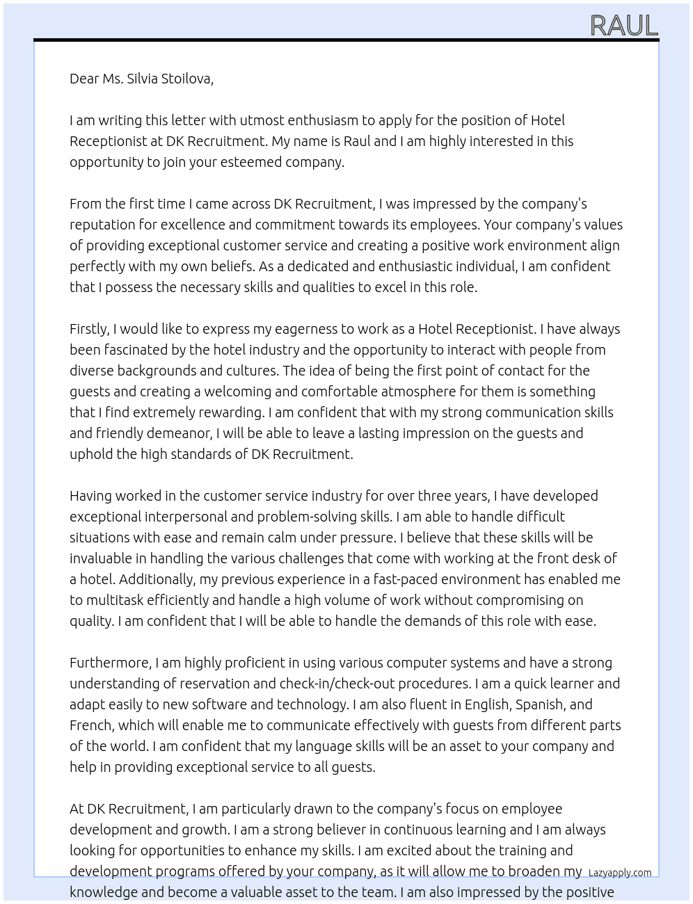 Hotel Receptionists At DK Recruitment  Cover Letter