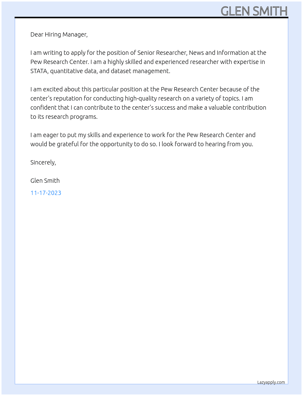 Senior Researcher, News and Information At Pew Research Center Cover Letter