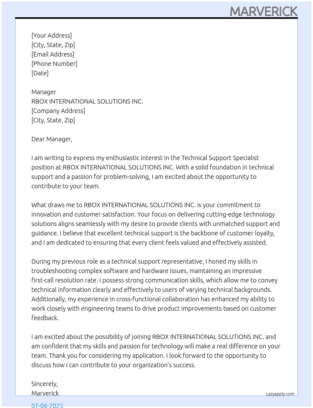 Technical support specialist At RBOX INTERNATIONAL SOLUTIONS INC. Cover Letter