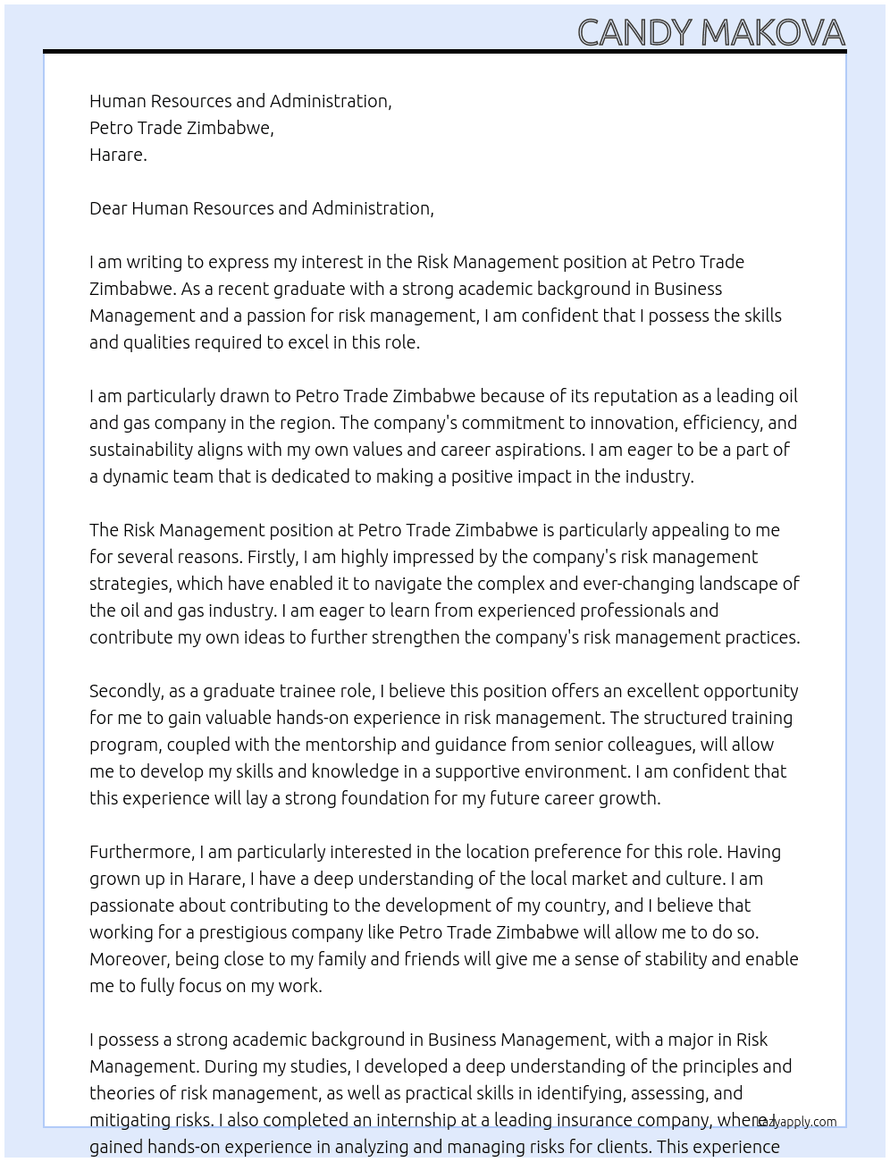 Cover letter for risk management - LazyApply