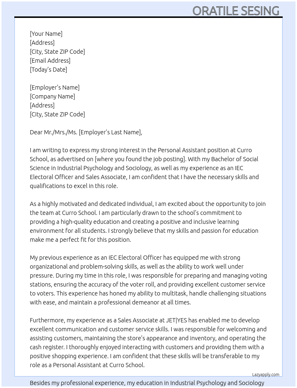 Personal Assistanat  At Curro School  Cover Letter